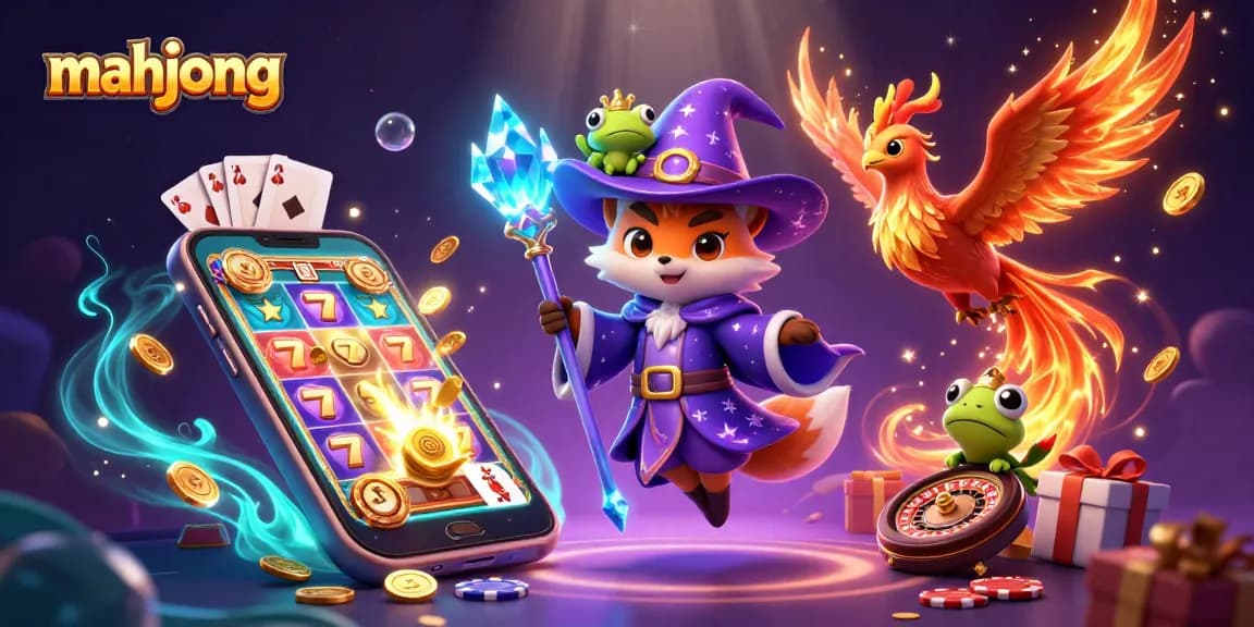 Play mahjong with the wizard fox and companions in an exciting slot game scene.