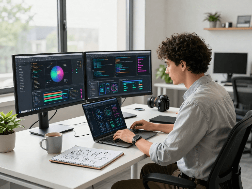 Data scientist analyzing spicy ai models in a modern tech workspace with multiple monitors and vibrant visuals.
