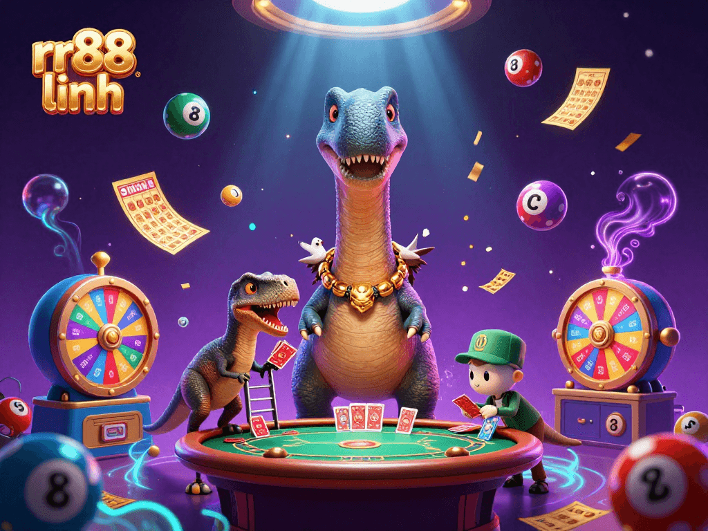 Experience the thrilling world of rr88 linh with a lively casino scene animated with vibrant lottery balls, engaging characters, and dynamic gaming elements.