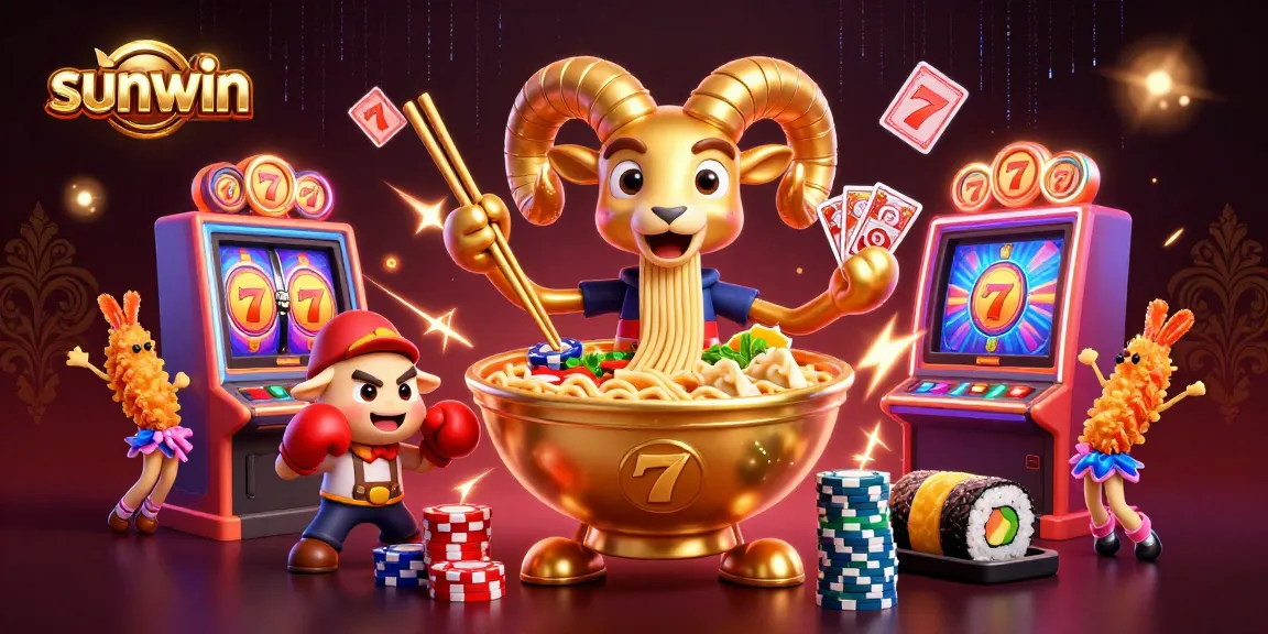 Win big at sunwin's exciting casino with a vibrant 3D scene of animated characters and jackpot slots.
