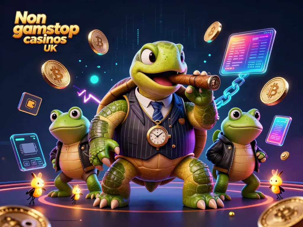 Explore Non gamstop casinos UK with a mobster turtle and bullfrogs, showcasing cryptocurrency elements.