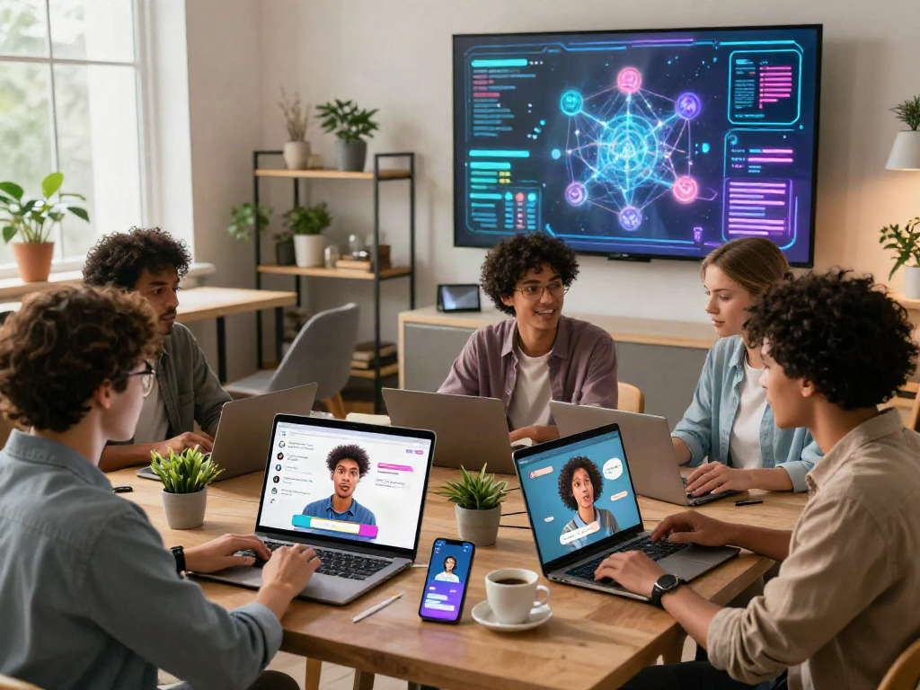 Engaging scene of diverse individuals in ai porn chat, showcasing interactive AI avatars on digital devices in modern environments.