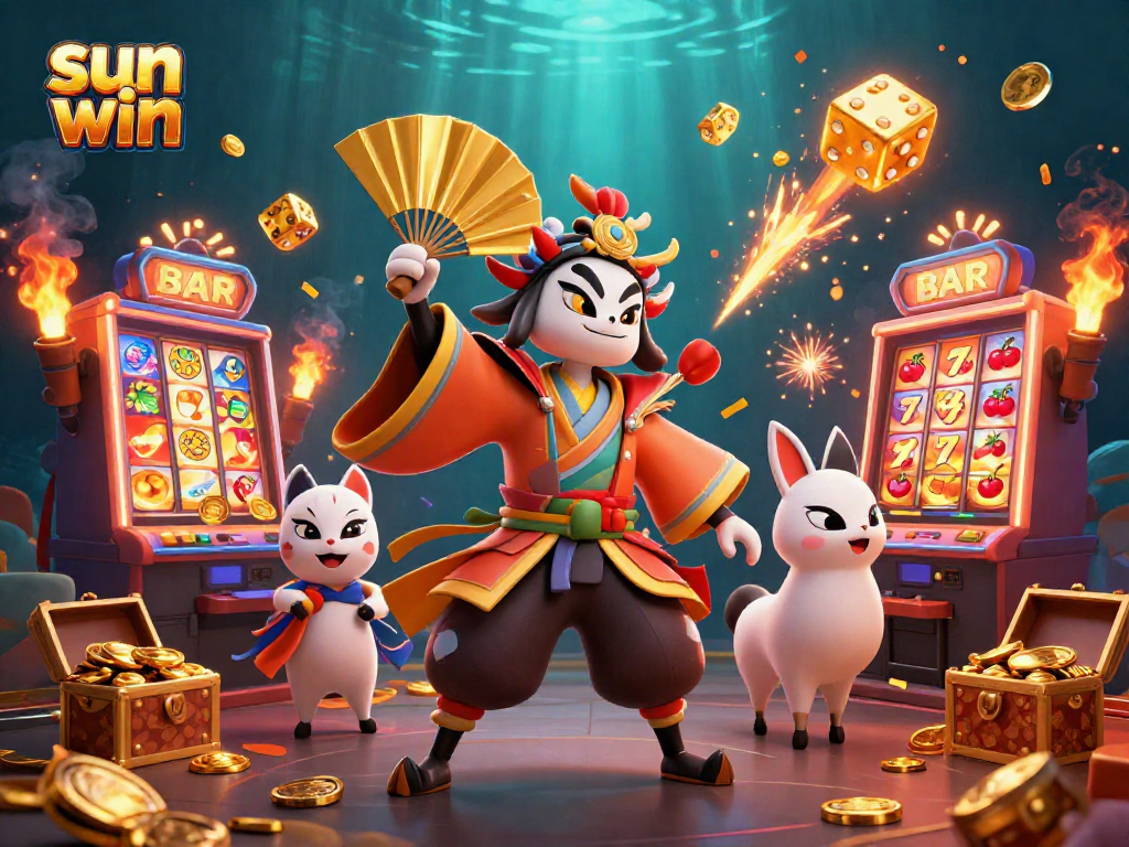 Experience sun win thrilling jackpots with vibrant 3D cartoon characters surrounded by casino elements.