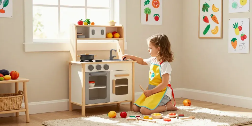 Child playing with a toy kitchen set, surrounded by colourful play food and utensils in a bright playroom.