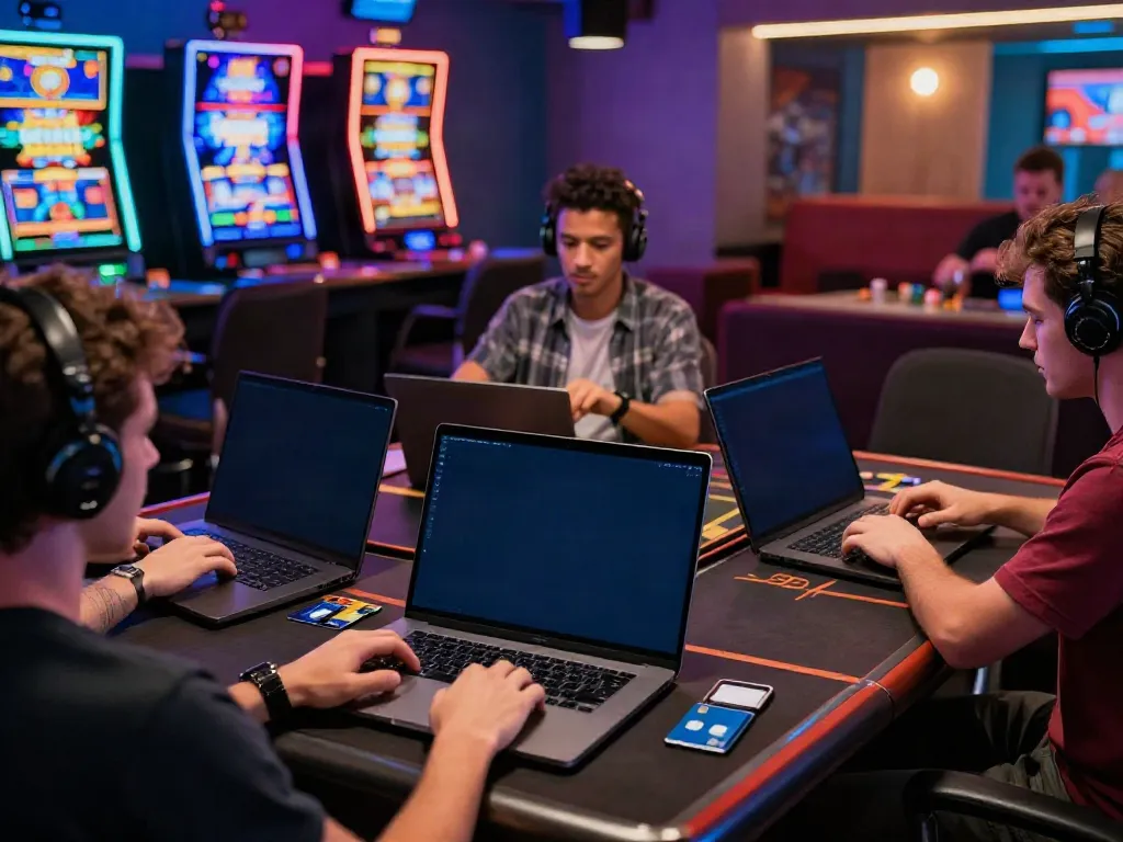 Exciting online gaming scene highlighting credit card casinos in the UK, featuring diverse players using devices with colorful slots.