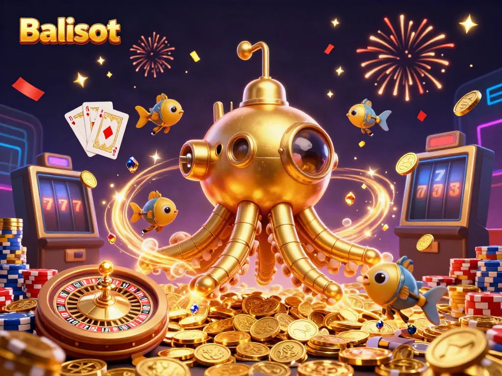 Join the thrilling gaming adventure with Balislot's dynamic casino scene filled with golden coins and excitement.