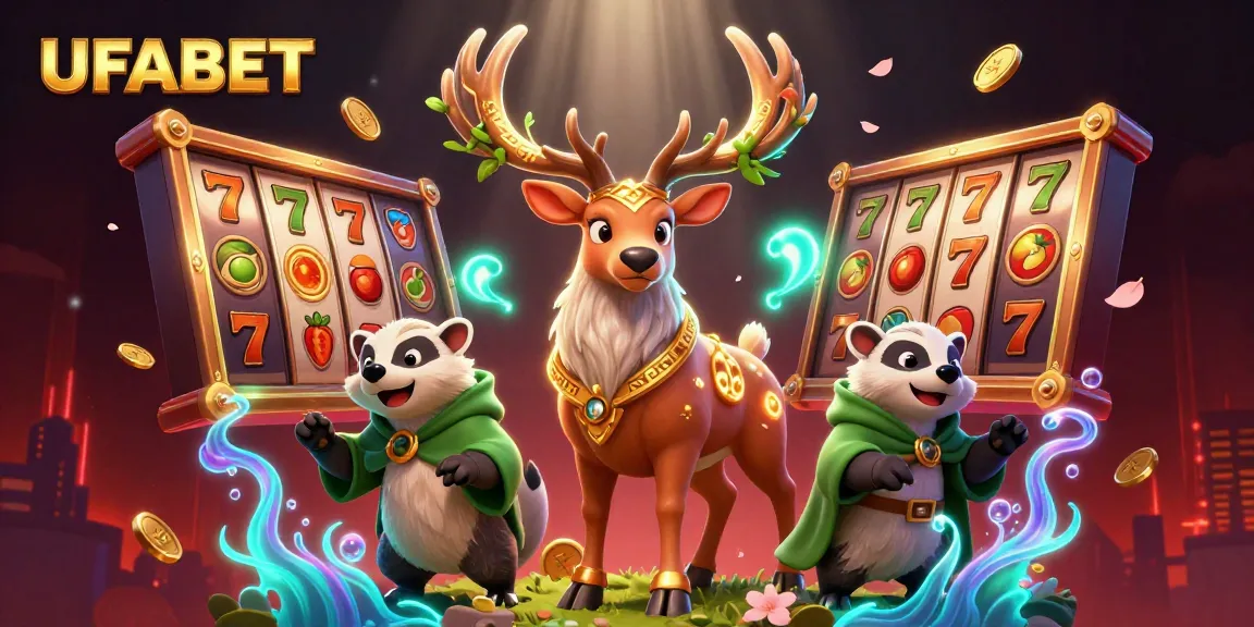Experience thrilling gameplay at UFABET, featuring a Celtic druid stag and dynamic slot elements in a vibrant casino scene.