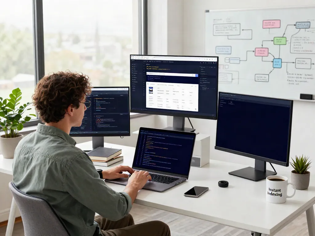Professional workspace showcasing instant indexing solutions with multiple screens, productivity tools, and a motivating atmosphere.