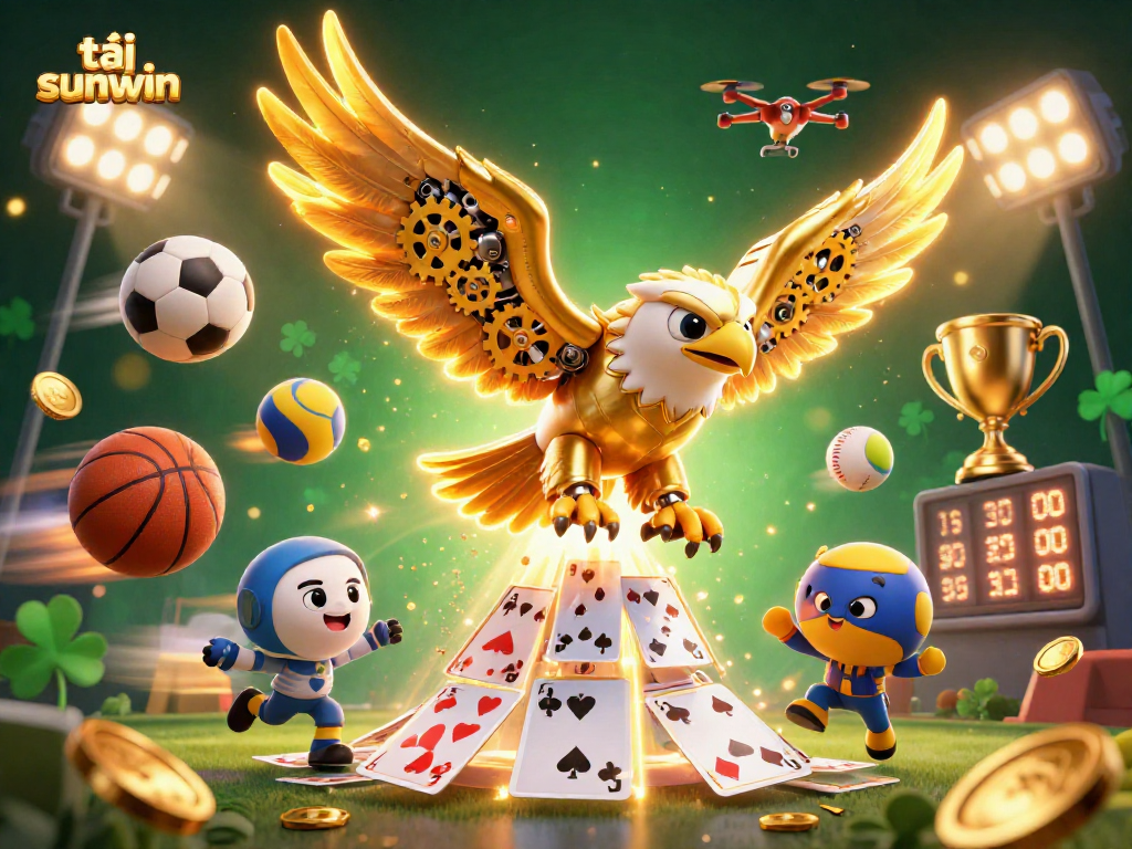 Play thrilling games and tải sunwin with this vibrant illustration depicting a cybernetic golden eagle and sports elements.