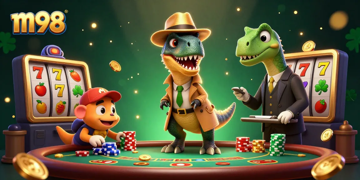 M98 players winning big at the slot machines with cartoon dinosaurs engaging in gambling fun.
