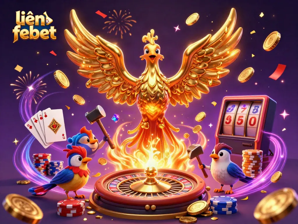 Engage with "liên hệ febet" in a vibrant 3D casino scene full of golden phoenix and dynamic elements.