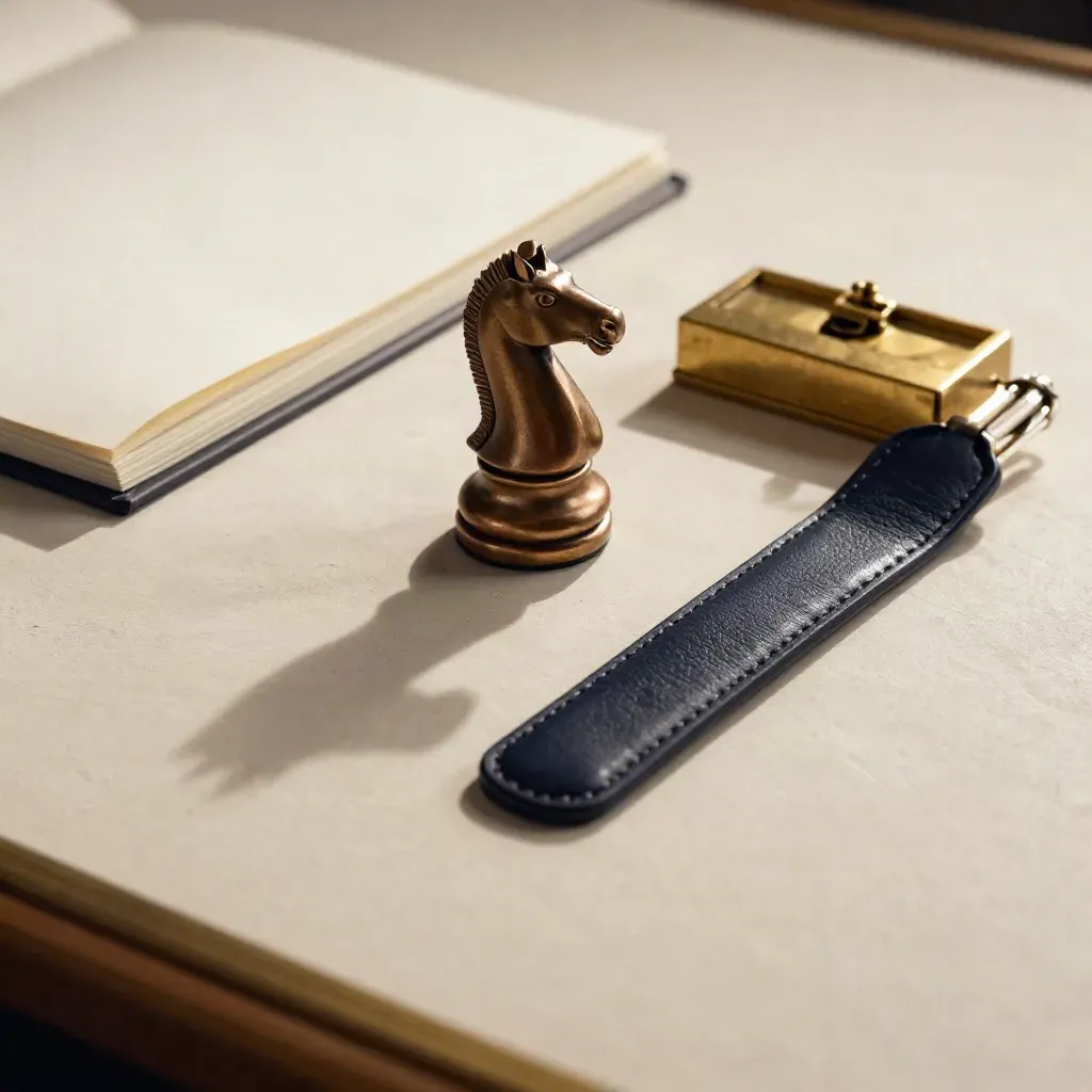 Top-down VC exit-planning still life with bronze knight, cream folio and brass paperweight on pale plaster.