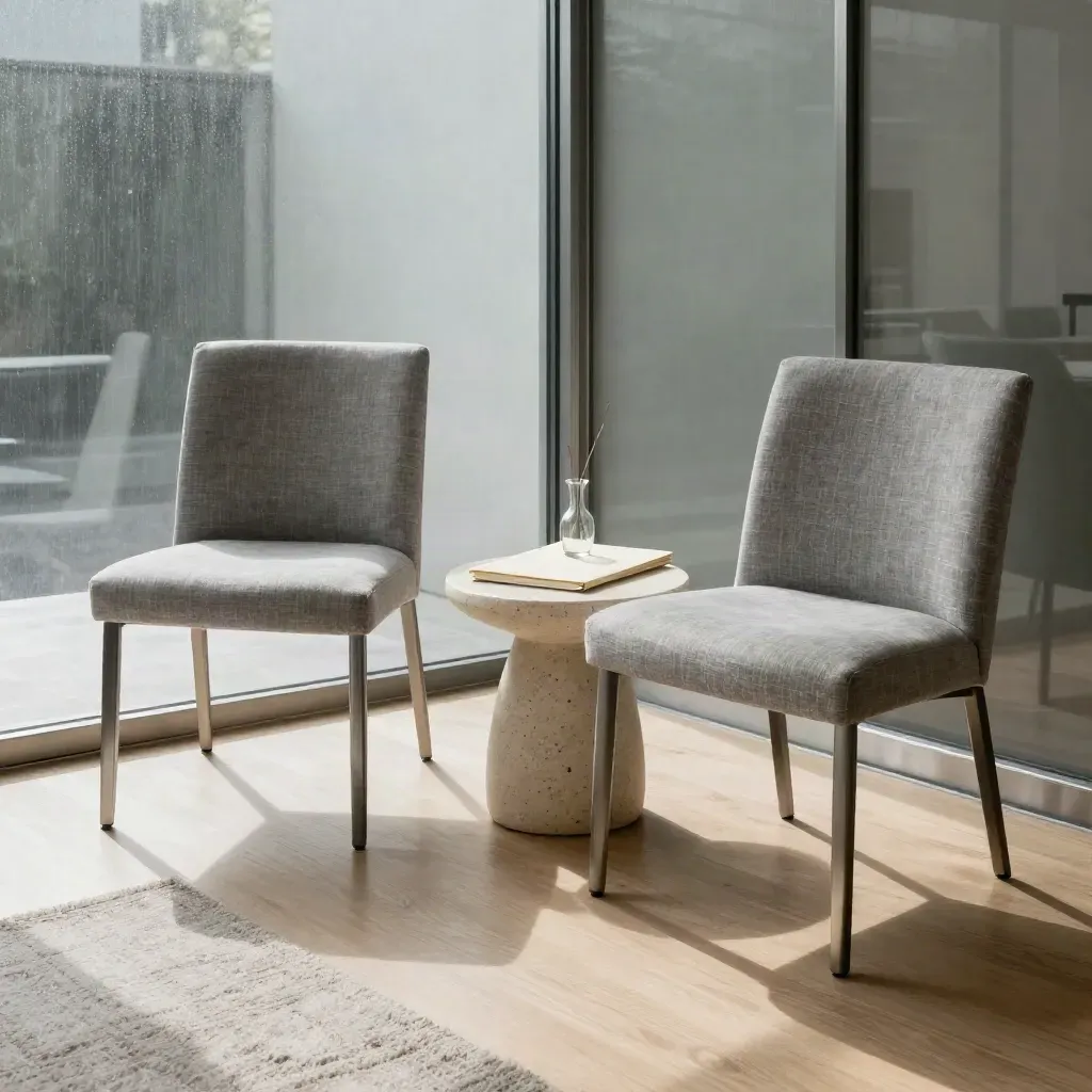 Empty linen chairs and a stone table in a glass VC meeting nook with soft daylight.