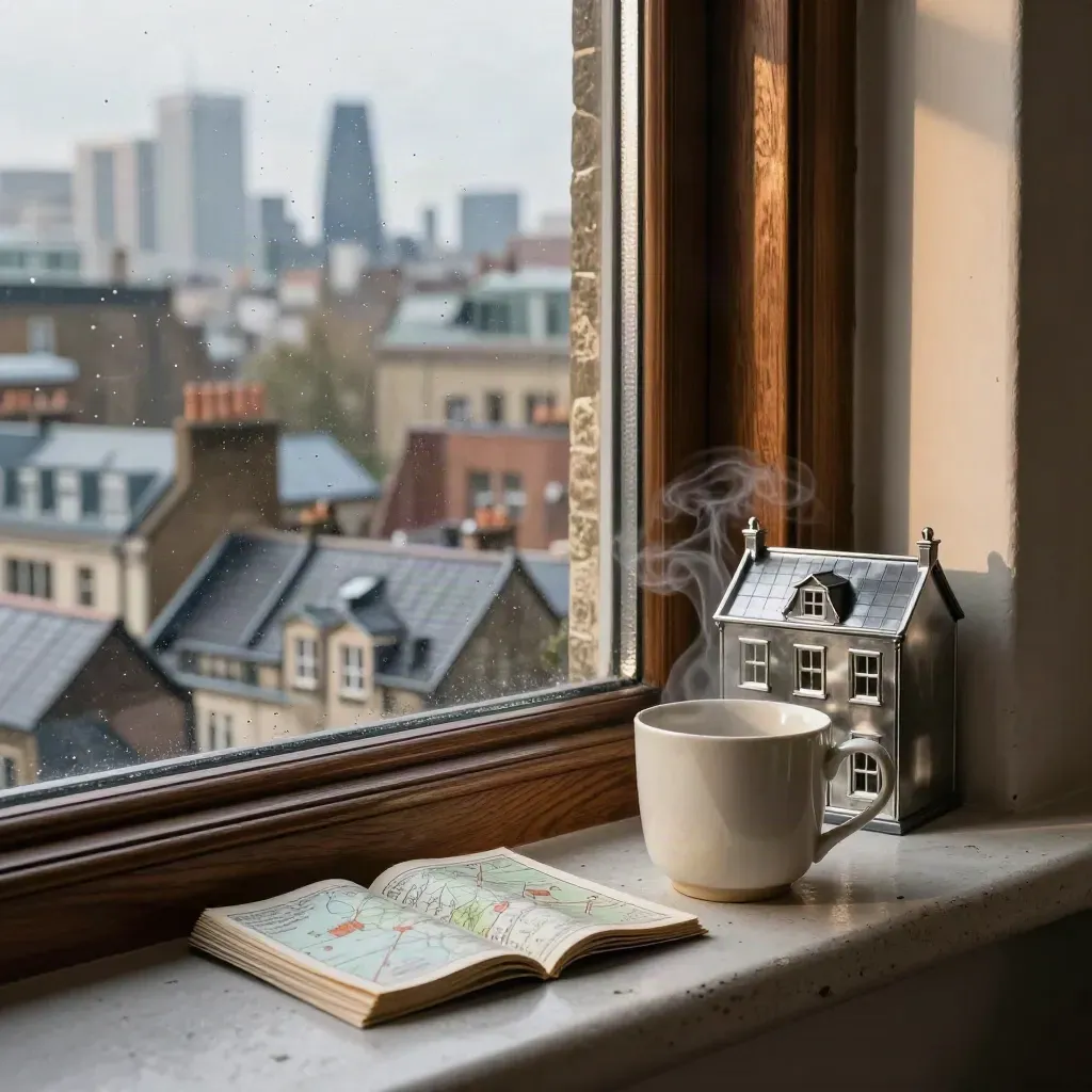 Rain on a London window, rooftop miniatures, face-down atlas and a steaming tea mug.