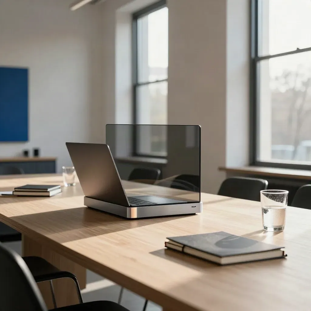Startup demo unit on a boardroom table with laptop, notebooks, and glass tumblers in late-afternoon light.