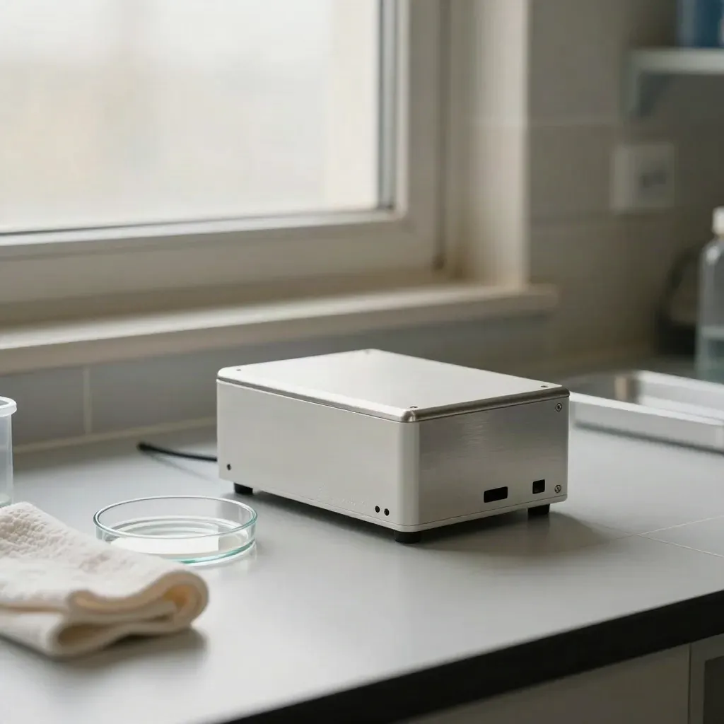 Clean lab workbench with a prototype module, petri dish, and cloth in morning light.