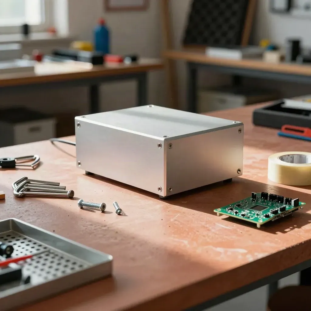 Makerspace workbench with device casing, Allen keys, tape roll and open circuit enclosure in motion