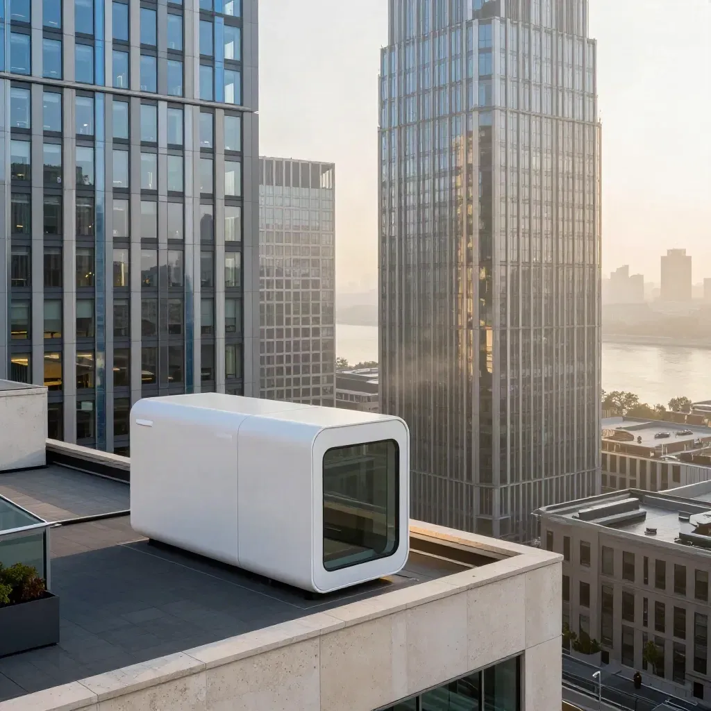 Rooftop fintech towers and a prototype housing above London haze at dawn.