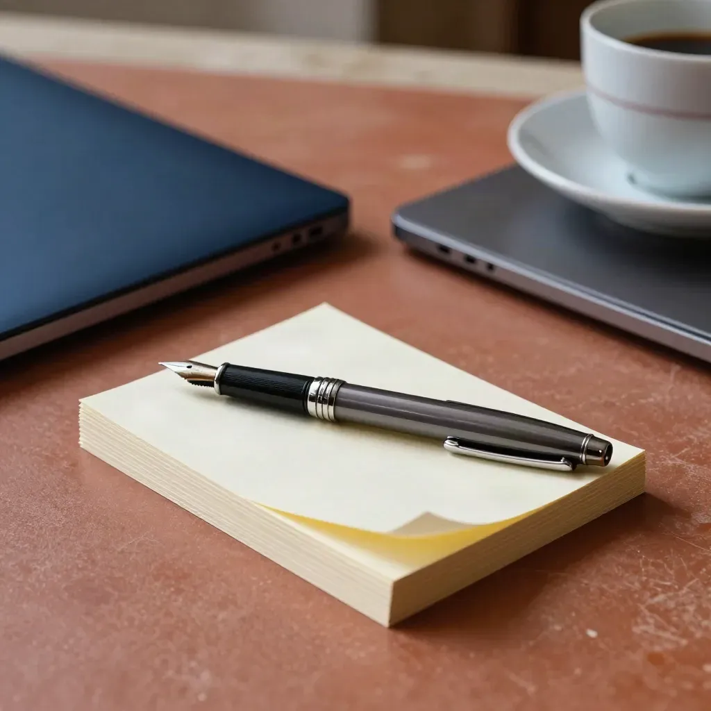 Fanned note cards, fountain pen, folded laptop and tea cup on a terracotta meeting table.