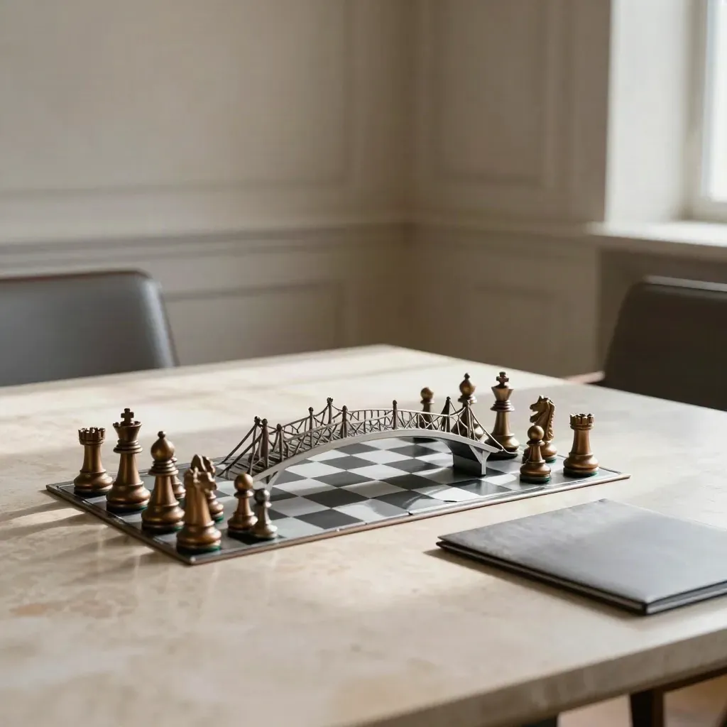 Bronze chess set, bridge model, and folder on a pale stone boardroom table in moody light