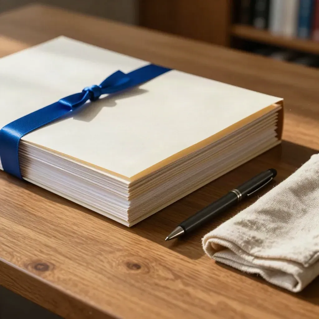 Sunlit folders on warm oak, one partly pulled free, with a pen and folded cloth.