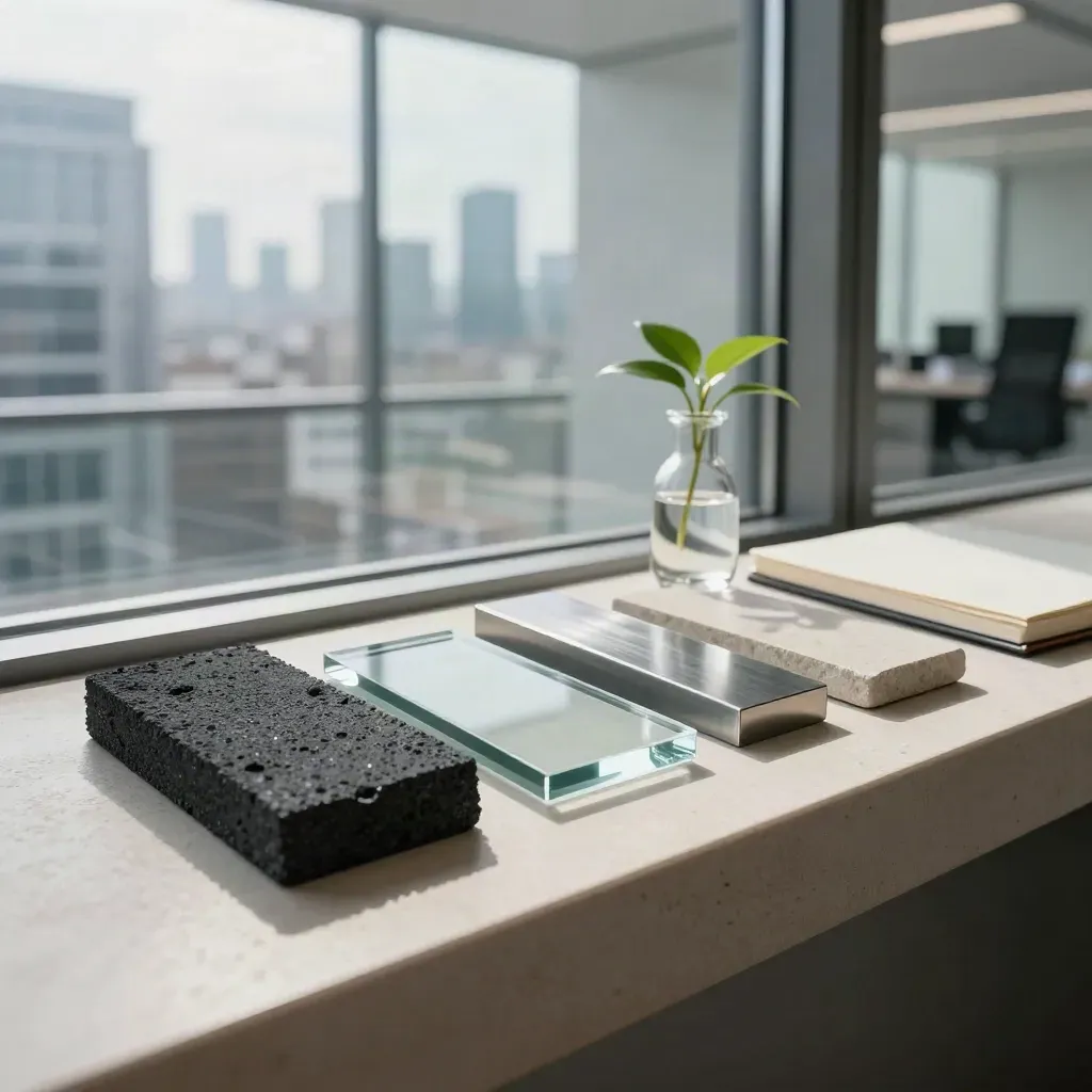 Material samples and a plant cutting on a pale stone ledge in a modern investment studio.
