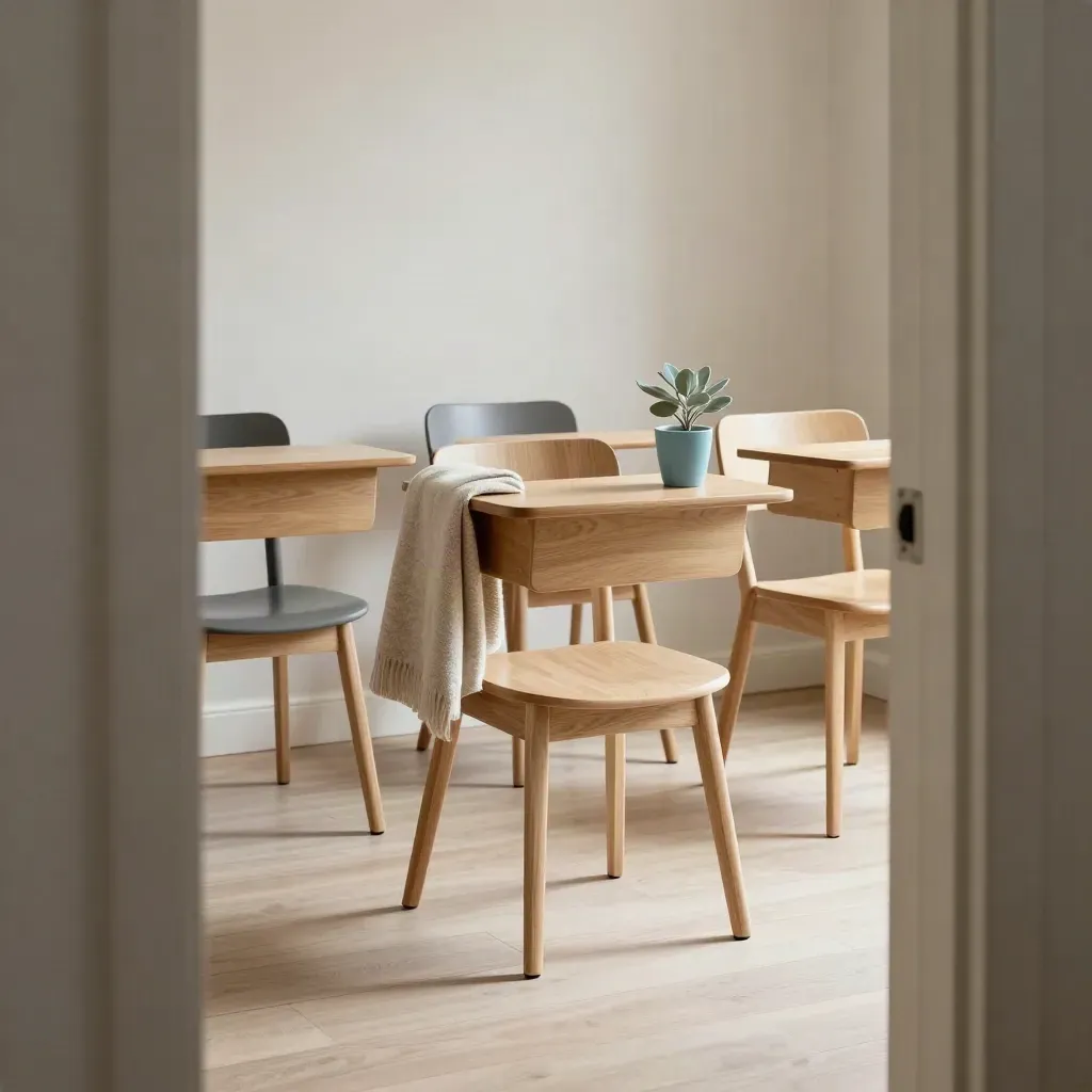 Three wooden office chairs with a cup, throw and plant in a warm pale-wood meeting nook.