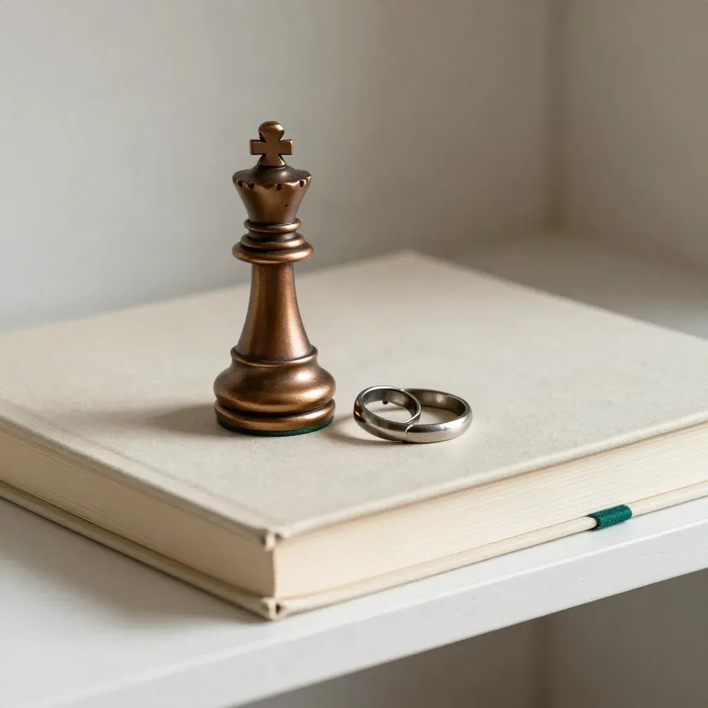 Bronze rook, cream folio and separated metal rings on a pale plaster shelf