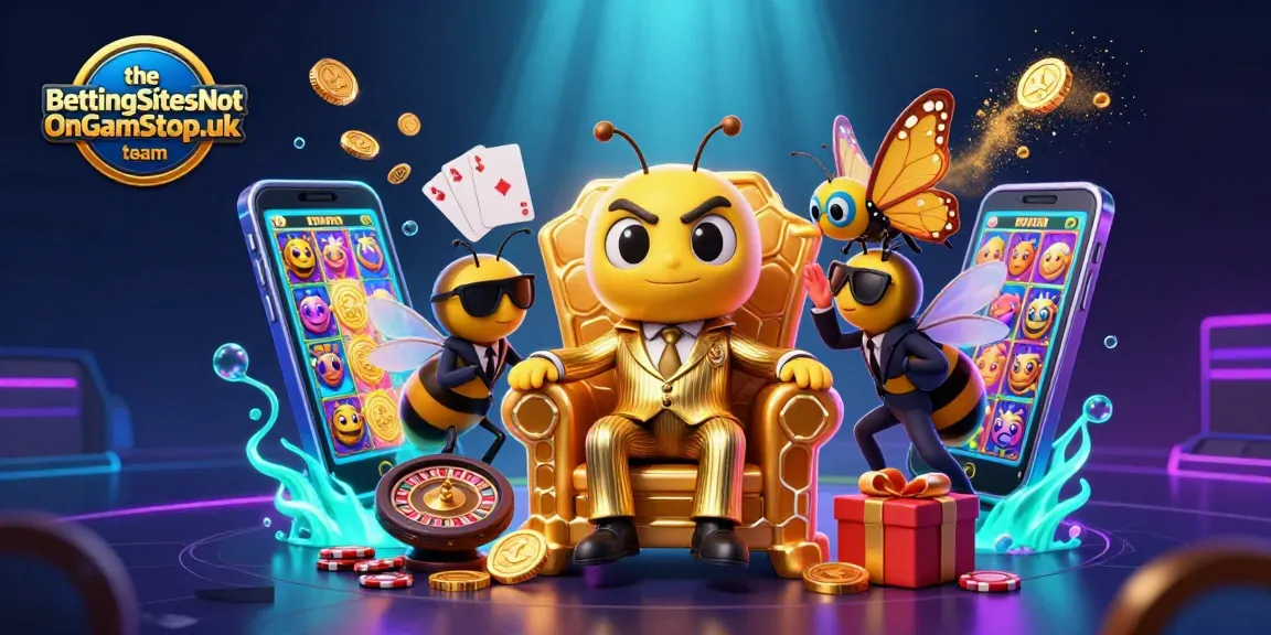 The BettingSitesNotOnGamStop.uk team showcases a vibrant casino scene with a bumblebee mob boss amidst exciting gaming elements.