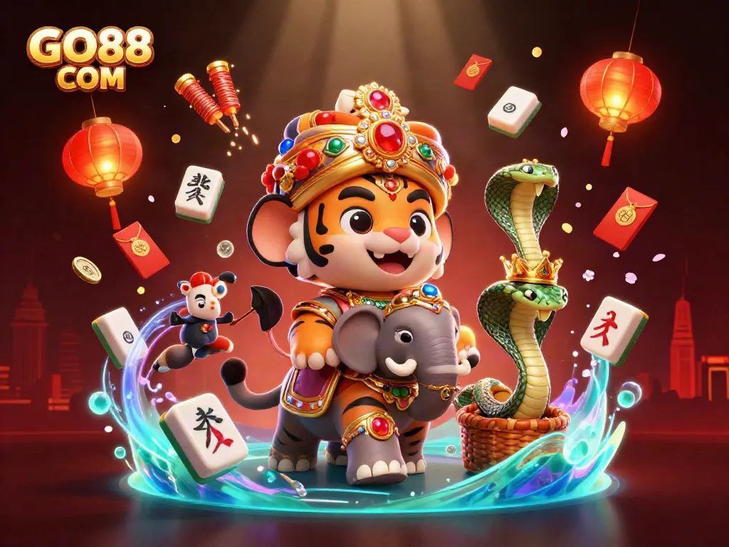 Experience the excitement at GO88 COM with a vibrant 3D casino scene featuring rich, colorful illustrations.