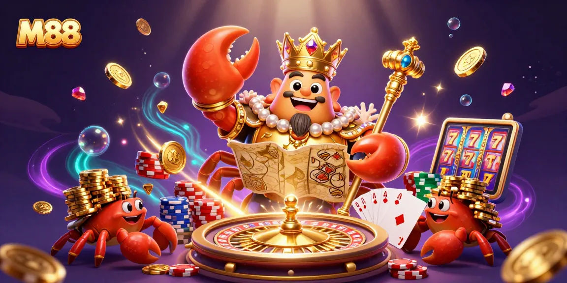 M88 casino engaging players with a powerful golden crab emperor amidst sparkling treasures and vibrant gaming elements.