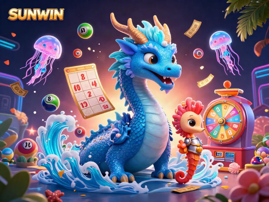 Experience thrilling lottery excitement with SUNWIN's vibrant underwater scene featuring a majestic dragon and colorful bouncing balls.