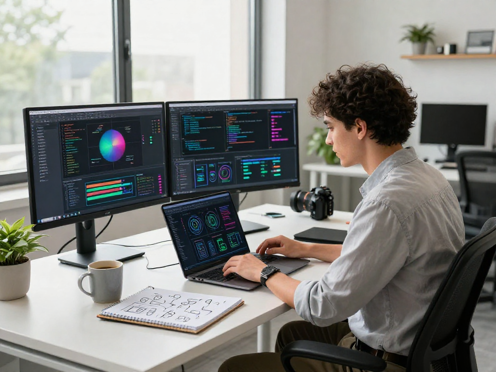 Data scientist analyzing spicy ai models in a modern tech workspace with multiple monitors and vibrant visuals.