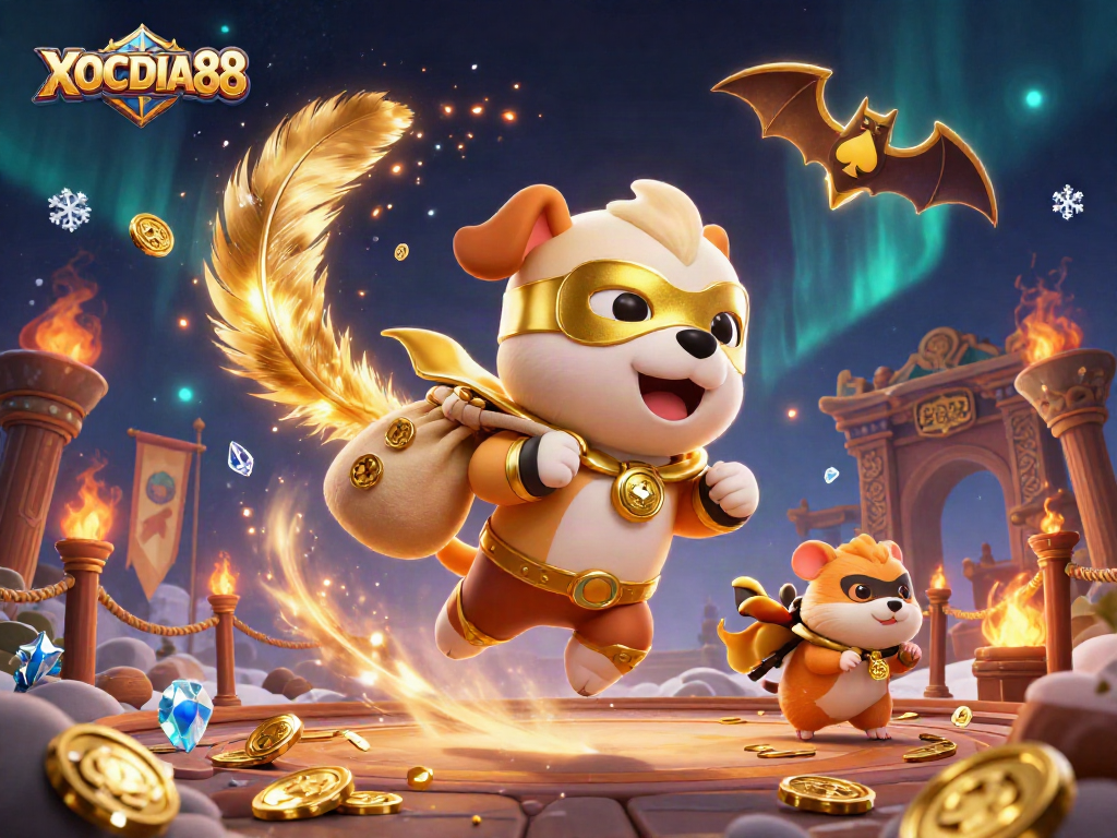 XOCDIA88's superhero dog and sidekick hamster save the day with gold coins in an exciting casino scene.