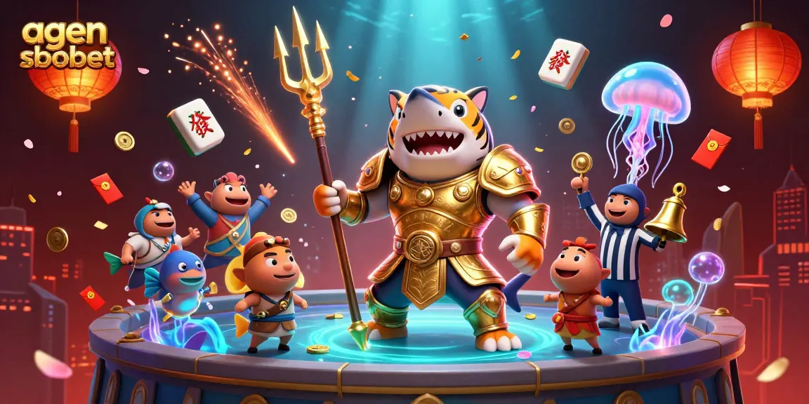 Experience thrilling agen sbobet betting action with a shark gladiator amidst vibrant casino elements