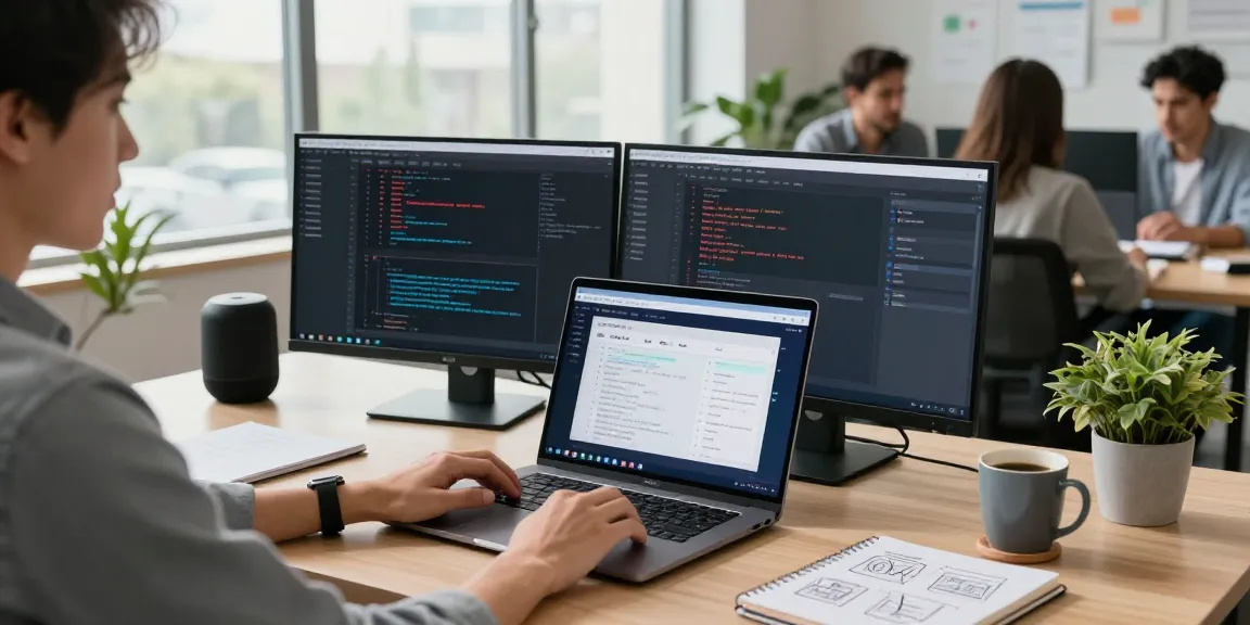 Professional using an AI assistant in a modern tech workspace with dual screens and collaborative atmosphere.