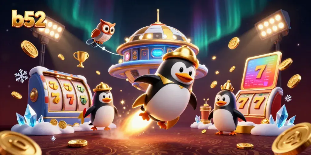 Experience thrilling wins at b52 with a golden penguin racing toward jackpot glory!