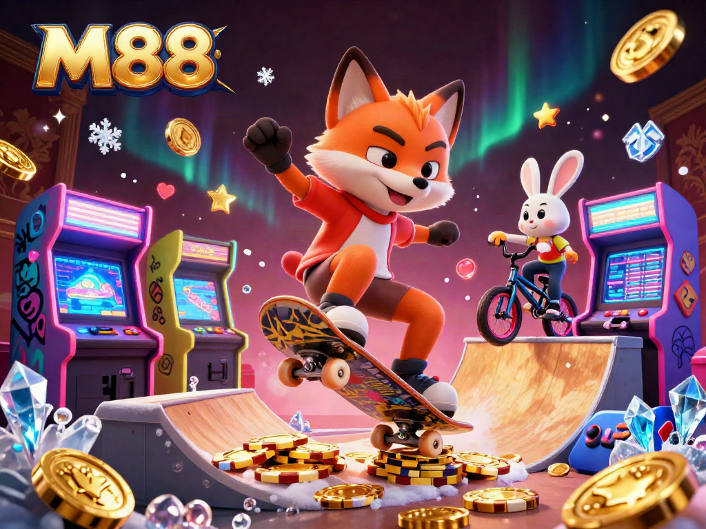 Experience M88's vibrant gaming scene with a skateboarding fox and BMX rabbit in a dynamic casino illustration.