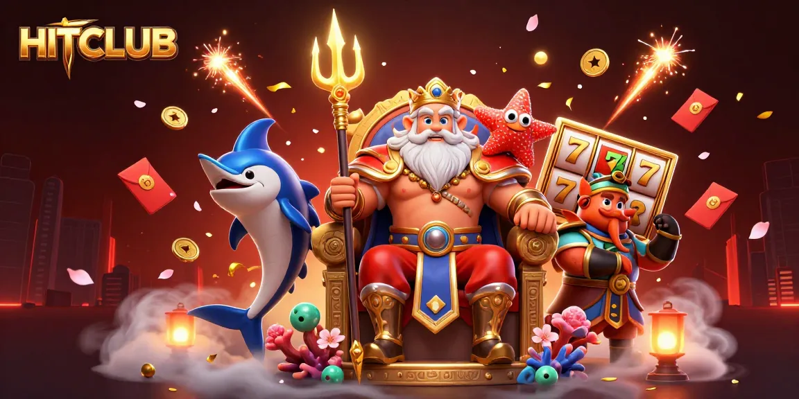 Experience the thrill of HITCLUB with a vibrant 3D casino scene featuring Neptune and slot games.