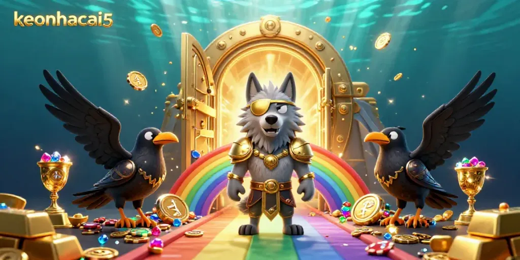 Engage with keonhacai5 as you explore a vibrant and dynamic scene of Norse mythology characters amidst casino treasures.