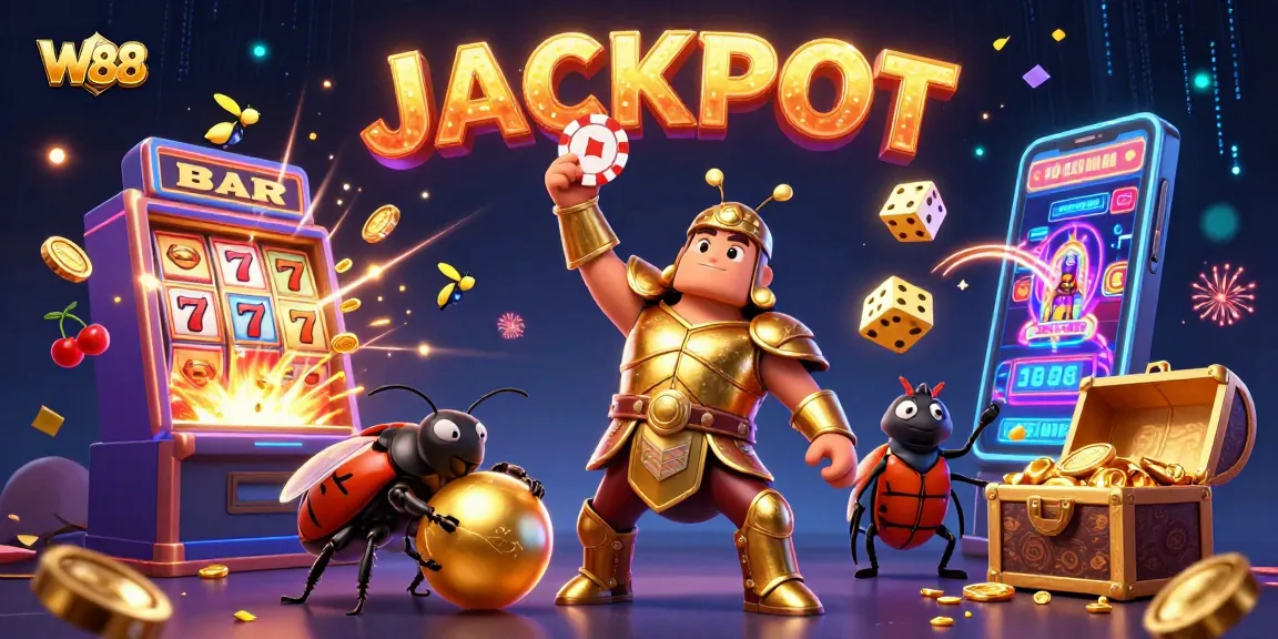 W88 celebrates a massive jackpot with vibrant 3D illustration showcasing a triumphant beetle and slot machine.