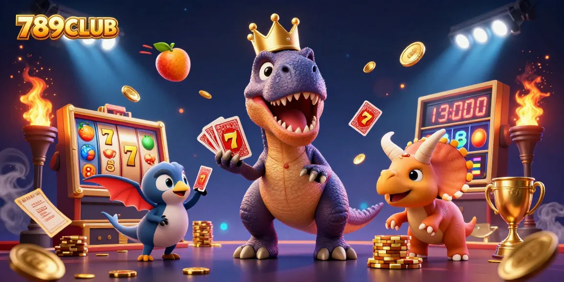 Enjoy thrilling 789CLUB slots with friendly characters showcasing card tricks and golden chips.