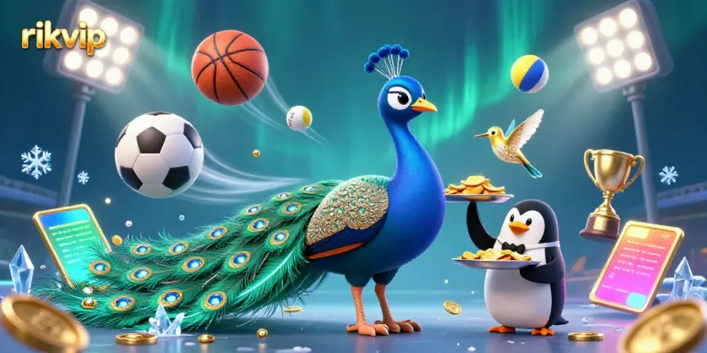 Experience thrilling gameplay at rikvip with a luxurious 3D illustration of a peacock, butler penguin, and hummingbird amid vibrant sports elements.