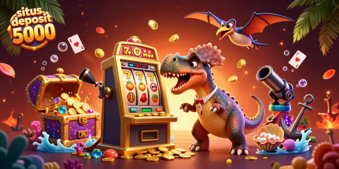 Winning with situs deposit 5000: a dinosaur heads a slot machine in a dynamic casino scene.