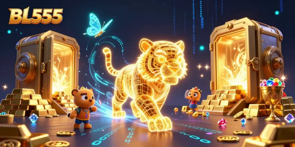 Engage with vibrant BL555 casino gameplay and golden riches in a captivating digital scene.