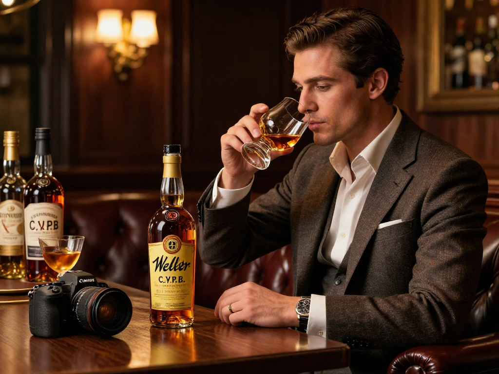 Enjoying Weller CYPB Bourbon neat in a cozy bar setting, rich color and elegant atmosphere.