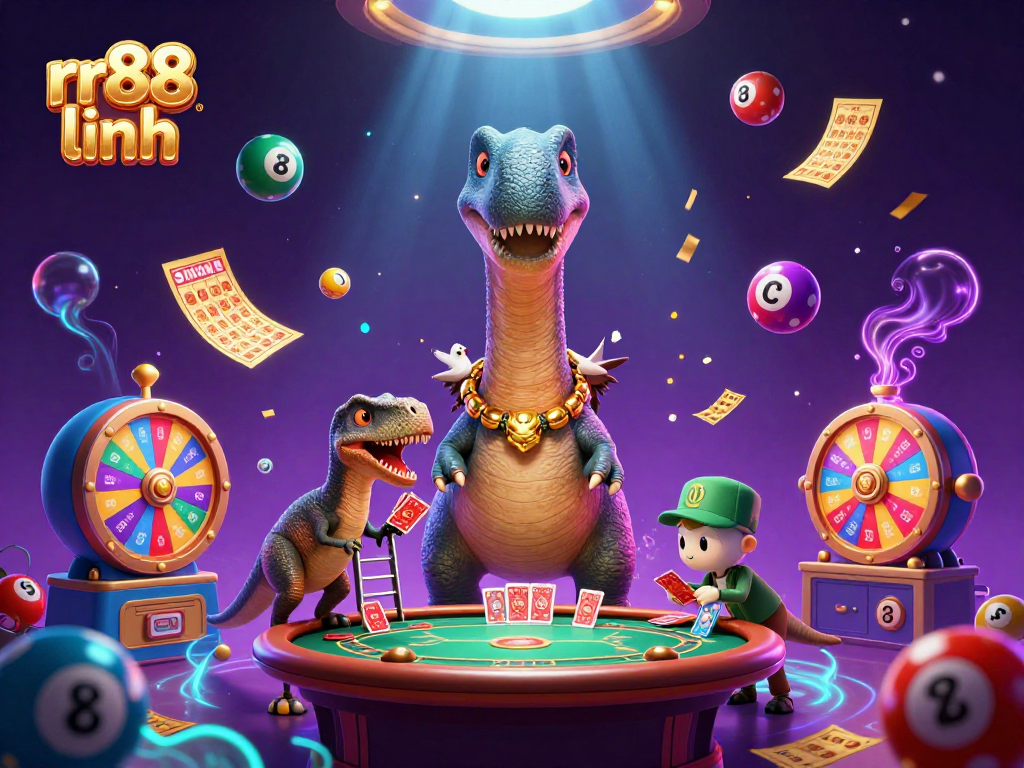 Experience the thrilling world of rr88 linh with a lively casino scene animated with vibrant lottery balls, engaging characters, and dynamic gaming elements.