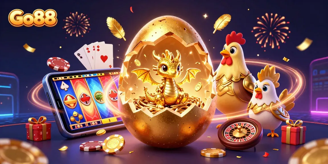 Engage with Go88's electrifying casino universe featuring a baby dragon and golden poker chips.