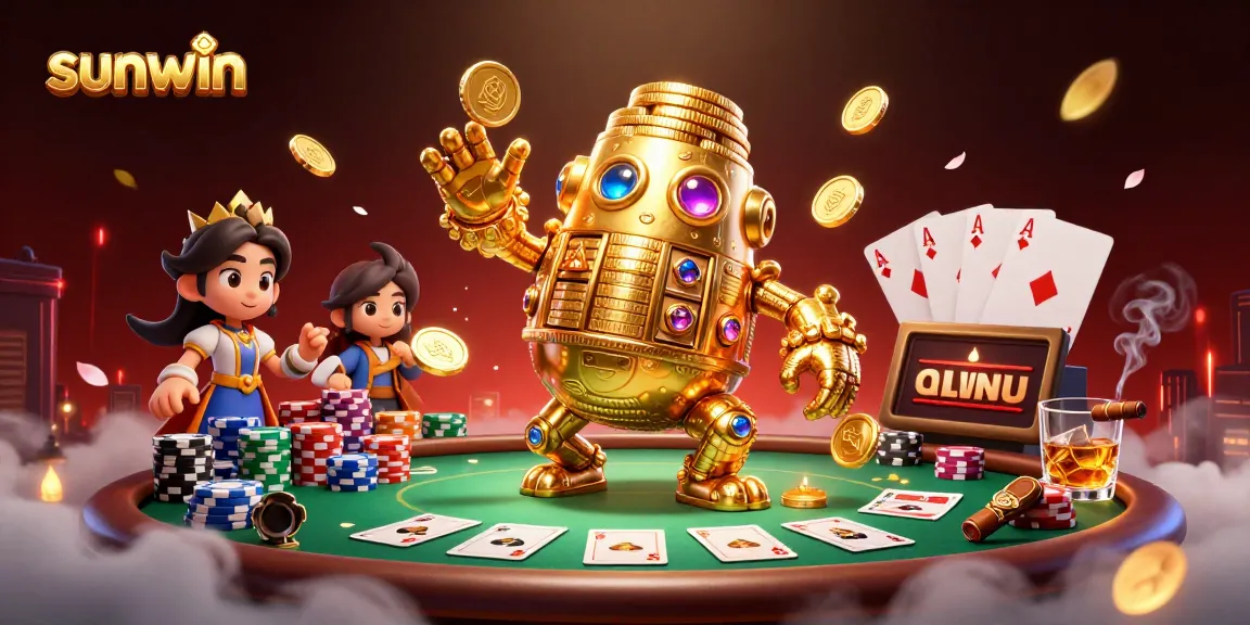 Experience the thrill of sunwin with a dynamic casino scene featuring a golden golem, poker elements, and rich details.