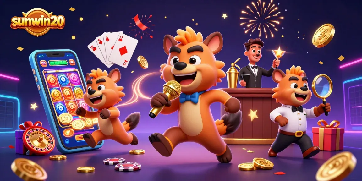 Experience the excitement of sunwin20 with a vibrant casino scene featuring hyenas enjoying games and fun.
